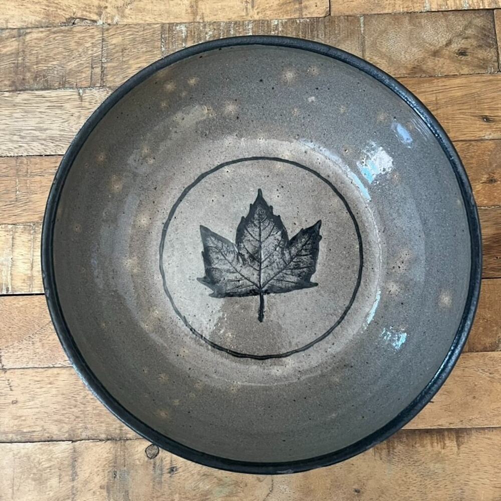 Stoneware Pottery Bowl 9.5" Gray Glossy Finish with Maple Leaf Motif Signed
